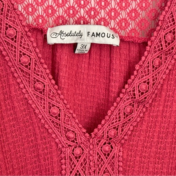 3X ABSOLUTELY FAMOUS LACE V-NECK TOP. FRONT TIE. TEXTURED POLYESTER DEEP MAUVE. - Picture 8 of 16